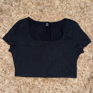 100% Cotton SHEIN Black Square Neck Crop Top Summer Blouse Goth Cropped Baby Tee